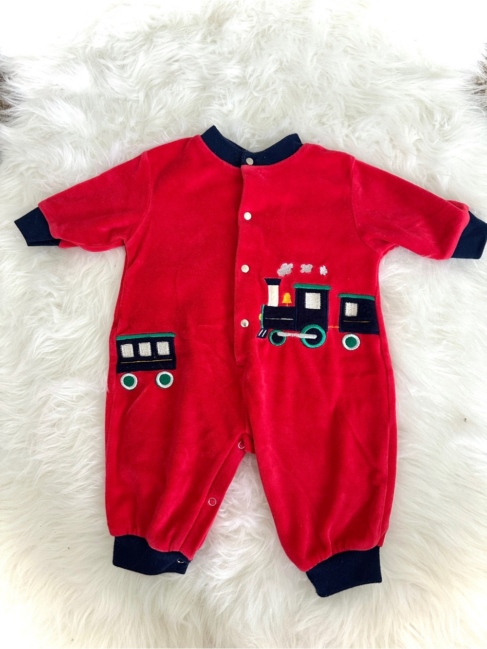 Red Train Appliqué Footed One-Piece for Kids